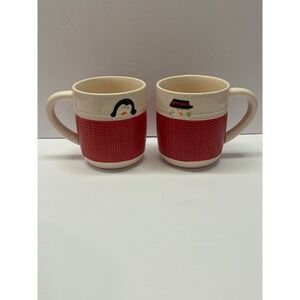 Set of 2 Vintage Christmas Mugs Penguin Snowman Red‎ Design Holiday Coffee Cups